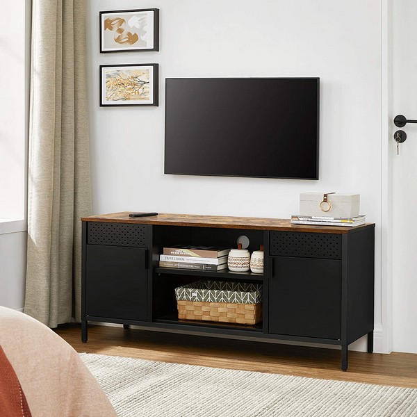 TV-bænk - TV-bord i rustik brun træ og sort stål 80 x 40 x 76