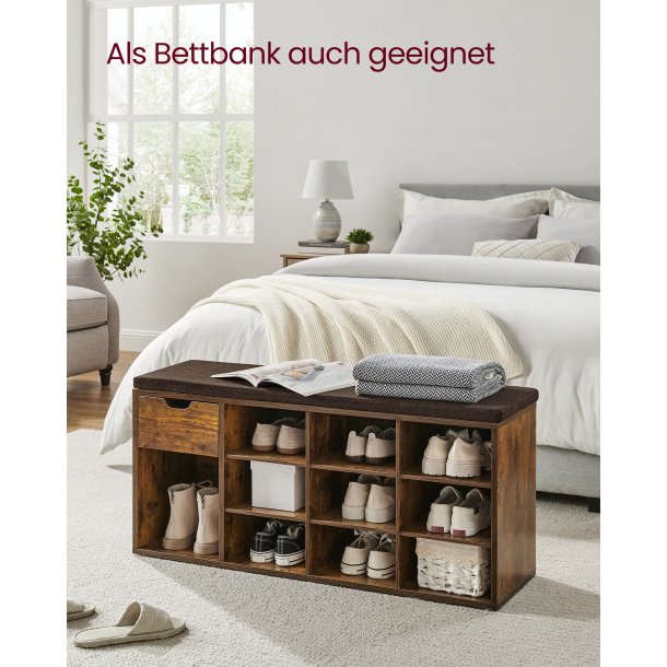 Skob�nk - siddeb�nk med skohylder - entreb�nk med skorum - rustik brun