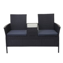 Polyrattan haveb�nk med bord - sort 2 personers havesofa 132 cm