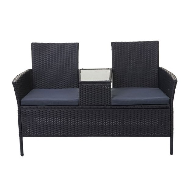 Polyrattan haveb�nk med bord - sort 2 personers havesofa 132 cm