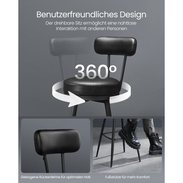 Barstol med kunstlder - st med 2 - sdehjde 76 cm - sort