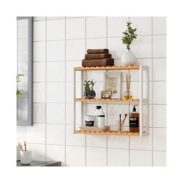 Bambus reol med 3 hylder - v�gh�ngt badev�relsesreol - 60x15x54