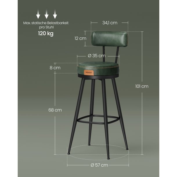 Barstol med kunstl�der - s�t med 2 - s�deh�jde 76 cm - gr�n