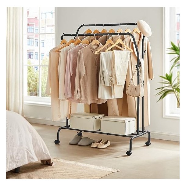 T�jstativ p� hjul - dobbelt t�jskinne sort 103,5 x 52,5 x 155