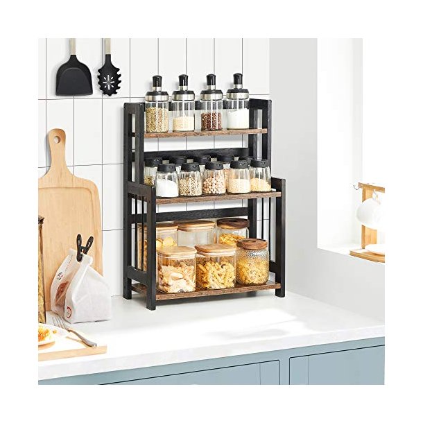 Krydderihylder - k�kkenhylder - sort med 3 rustik brune hylder