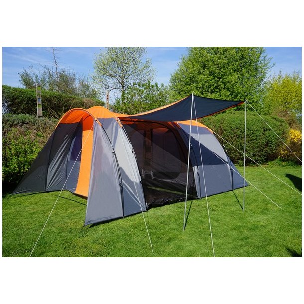 Campingtelt - 6 personers tunneltelt til camping - delbart orange telt