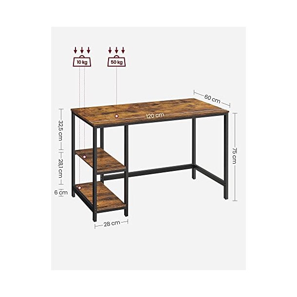 Skrivebord med 2 hylder - computerbord - rustik brun 120x60x75