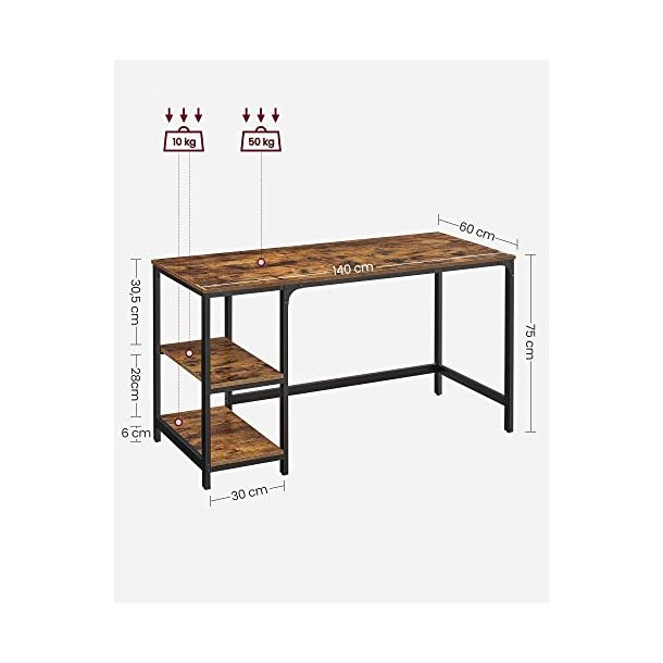 Skrivebord med 2 hylder - computerbord - rustik brun 140x60x75