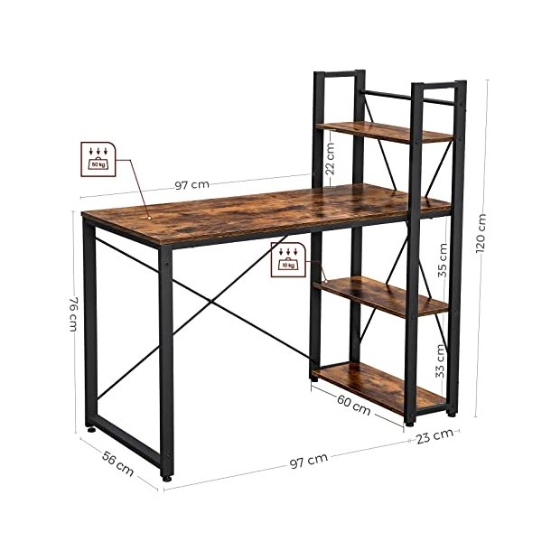 Skrivebord med 3 hylder - computerbord - rustik brun 120x60x120
