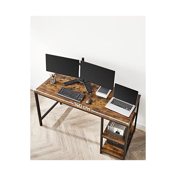 Skrivebord med 2 hylder - computerbord - rustik brun 140x60x75
