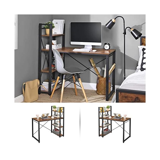 Skrivebord med 3 hylder - computerbord - rustik brun 120x60x120