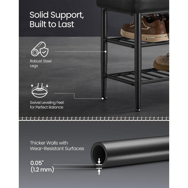 Opbevaringsbnk - siddebnk med skohylder - sort 30 x 80 x 50