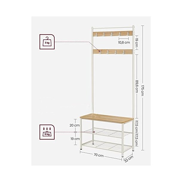 Garderobestativ med knagerkker og skohylder - egetr og hvid