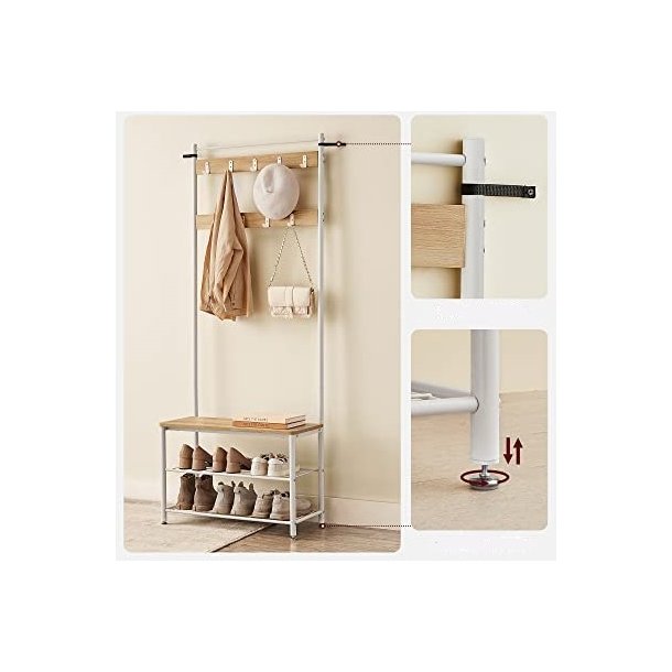 Garderobestativ med knagerkker og skohylder - egetr og hvid