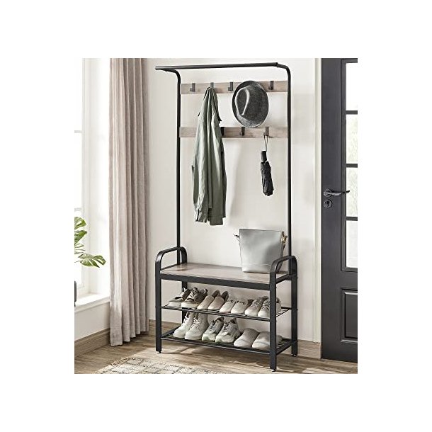 Garderobestativ med knager�kker og 2 skohylder - gr� beige