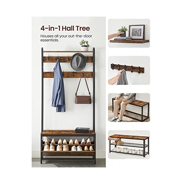 Garderobestativ med knager�kke og skostativ - rustik brun