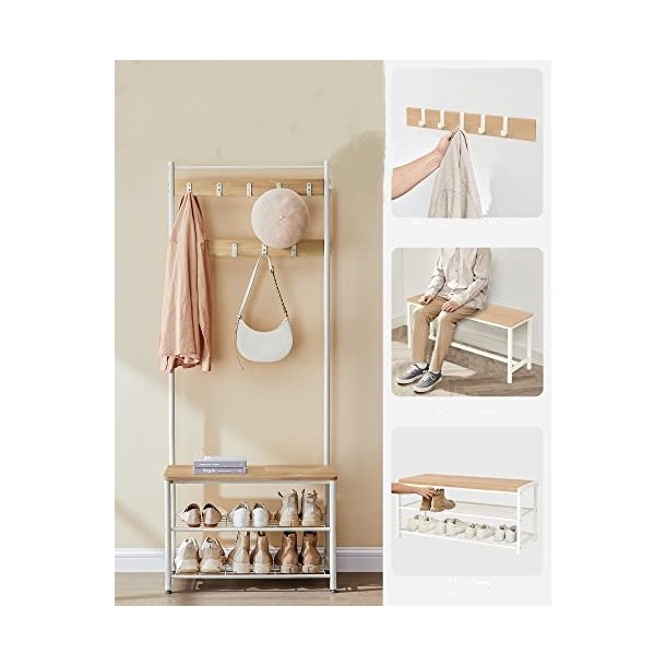 Garderobestativ med knagerkker og skohylder - egetr og hvid