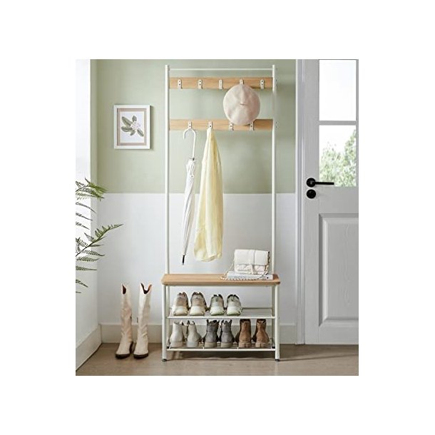 Garderobestativ med knagerkker og skohylder - egetr og hvid