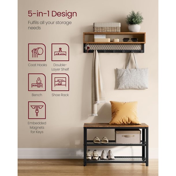 Garderobestativ - skob�nk, knager�kke, hattehylde - rustik brun