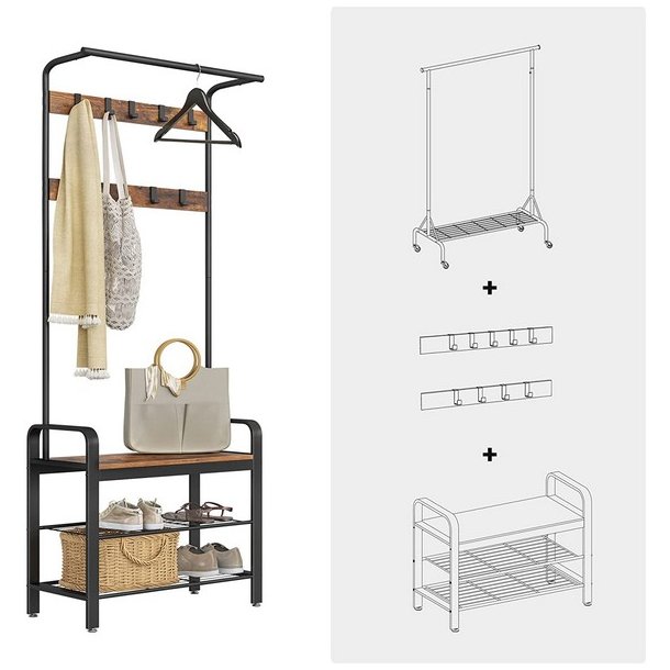 Garderobestativ med knager�kker og b�jlestang - rustik brun