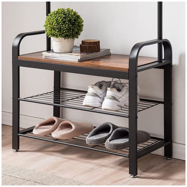 Garderobestativ med knager�kker og b�jlestang - rustik brun