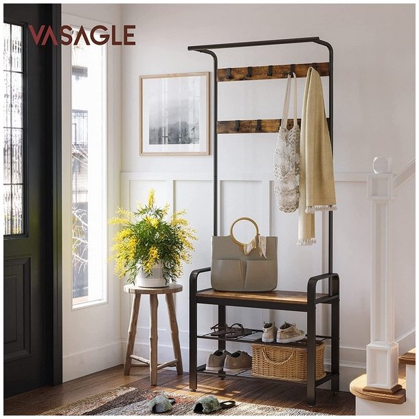 Garderobestativ med knager�kker og b�jlestang - rustik brun