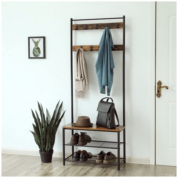 Garderobestativ med knager�kker og 2 skohylder - rustik brun