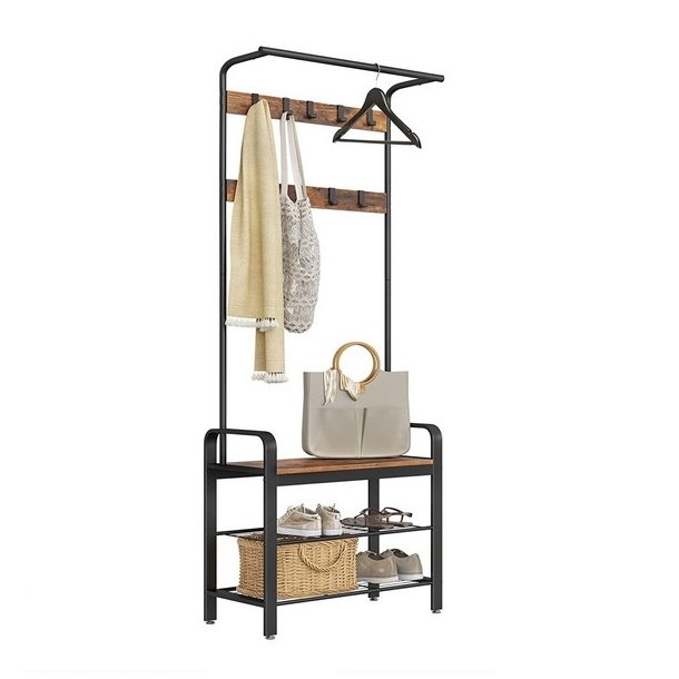 Garderobestativ med knager�kker og b�jlestang - rustik brun