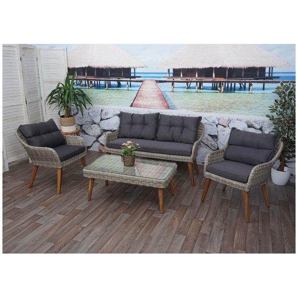 Loungest og havembelst - gr polyrattan havembler med mrke hynder