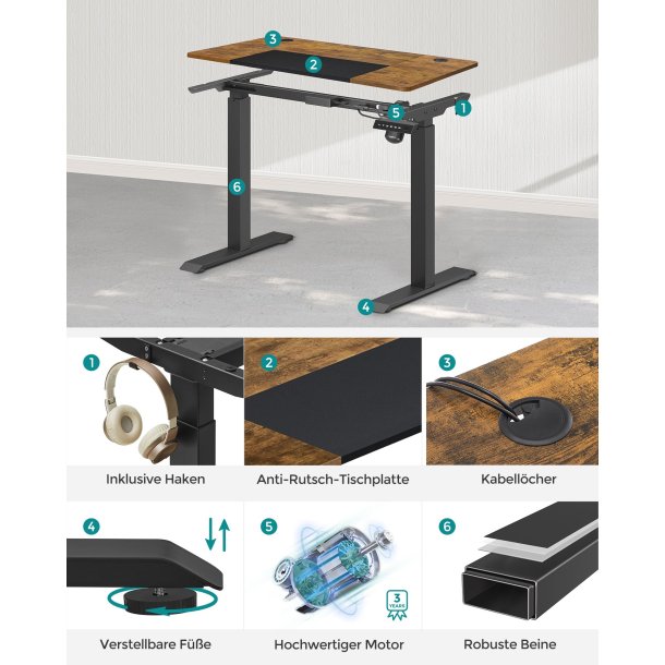 H�ve s�nkebord - elektrisk h�ve s�nke skrivebord - rustik brun 60x140