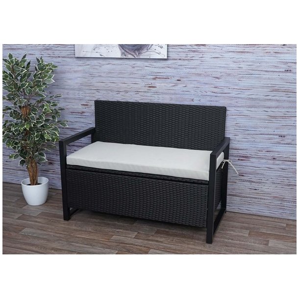 Havebnk og hyndeboks - sort polyrattan med gr hynde - 2 personer