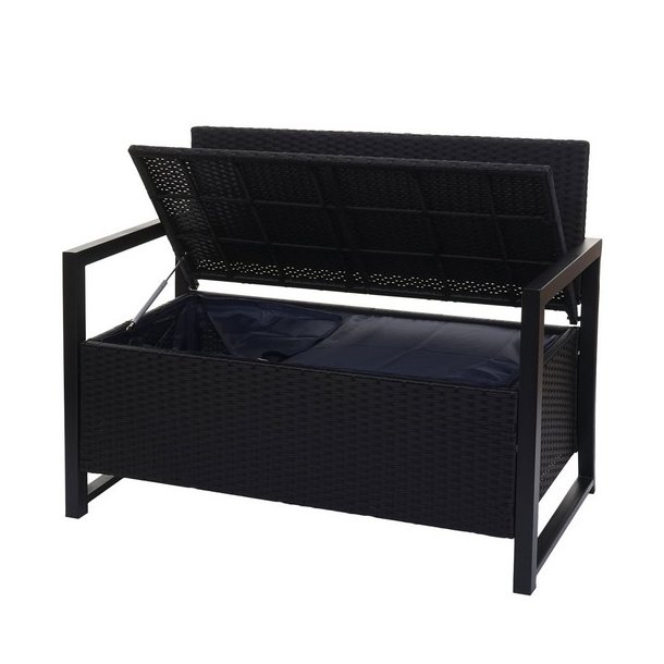 Havebnk og hyndeboks - sort polyrattan med gr hynde - 2 personer