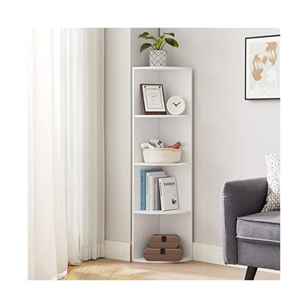 Hjrnereol - fritstende gulvreol med 4 hylder - hvid reol