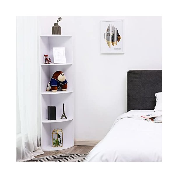 Hjrnereol - fritstende gulvreol med 4 hylder - hvid reol