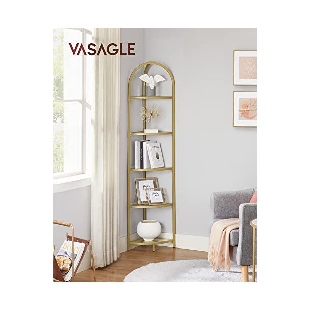 Hjrnereol med 5 hylder - gulvreol med hrdet glas og gyldent stel