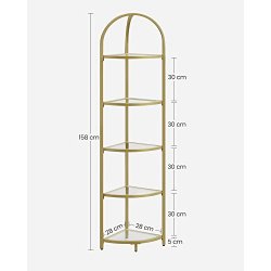 Hjrnereol med 5 hylder - gulvreol med hrdet glas og gyldent stel