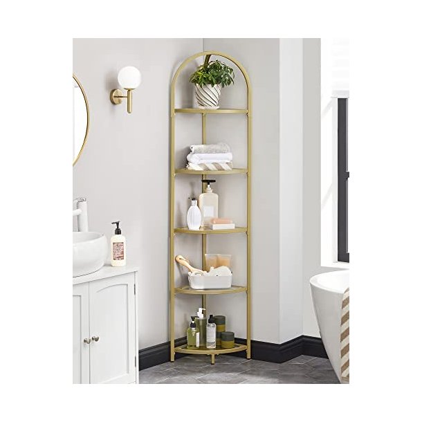 Hjrnereol med 5 hylder - gulvreol med hrdet glas og gyldent stel