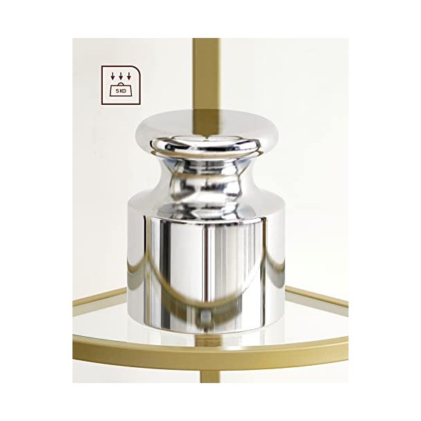 Hjrnereol med 5 hylder - gulvreol med hrdet glas og gyldent stel