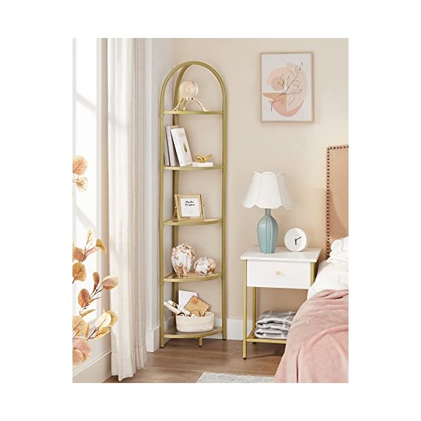 Hjrnereol med 5 hylder - gulvreol med hrdet glas og gyldent stel