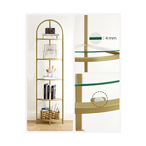 Hjrnereol med 5 hylder - gulvreol med hrdet glas og gyldent stel