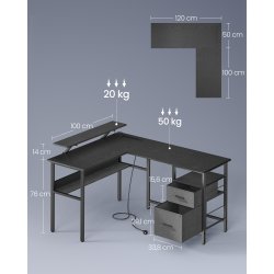 Hj�rneskrivebord med str�mstik og sk�rmstativ - sort 120x150