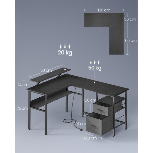 Hj�rneskrivebord med str�mstik og sk�rmstativ - sort 120x150