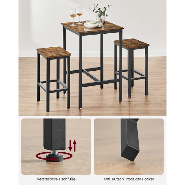 Barbord med 2 skamler - h�jbord med 2 barstole - rustik brun