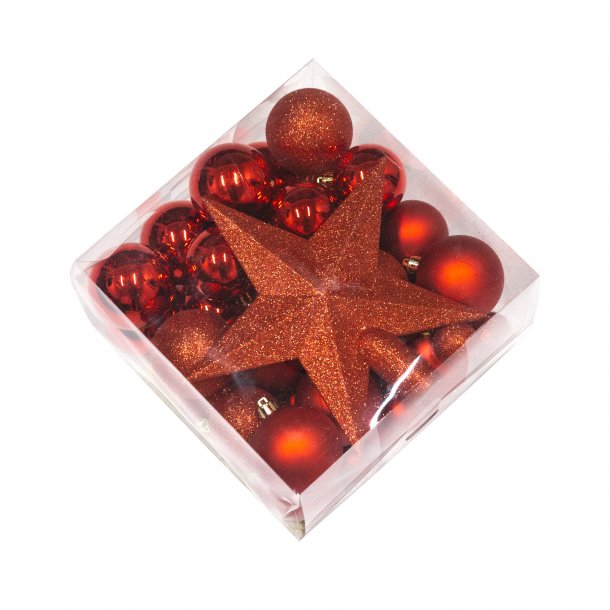 Julekugle sæt med stjerne fra NORDIC WINTER - røde 50 dele