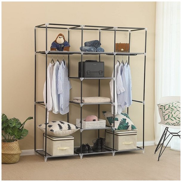 Kl�deskab med stofsider - gr� garderobeskab og t�jskab - 175 cm