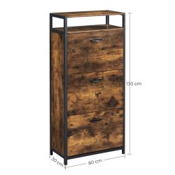 Skoskab med 3 rum - skoreol med 3 skuffer - rustikt brunt