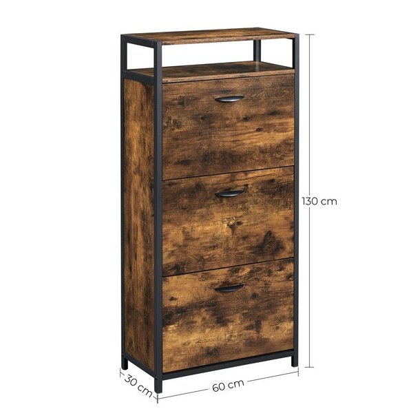 Skoskab med 3 rum - skoreol med 3 skuffer - rustikt brunt