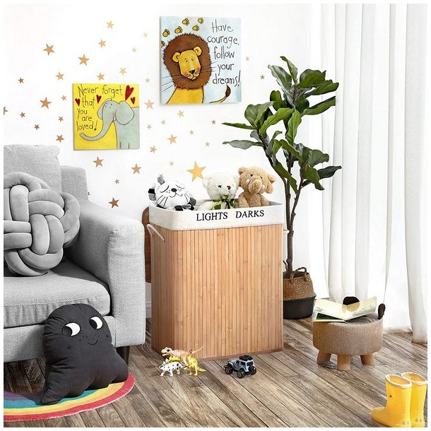 Vasket�jskurv i bambus med 2 delt vasket�jspose - 100 liter - brun