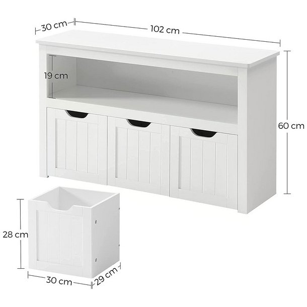 Lille kommode med hylder og kasse til opbevaring - hvid 102x30x60