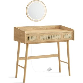 Makeupbord med lys, spejl og skuffer - eg beige - beheme stil